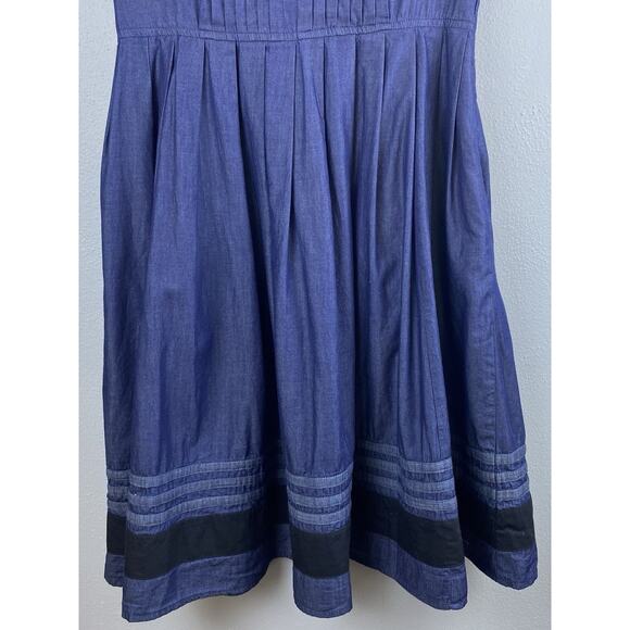 EShakti Sz M (10) Chambray Pintuck Puff SS Fit’N’Flare Black Trim Full Skirt Drs - Picture 3 of 14